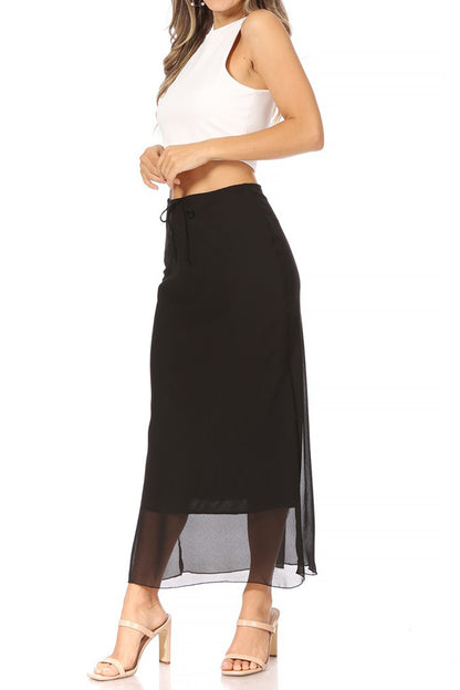 Women's High Rise Chiffon Overlay Maxi Draped Skirt with Waist Tie Accent.