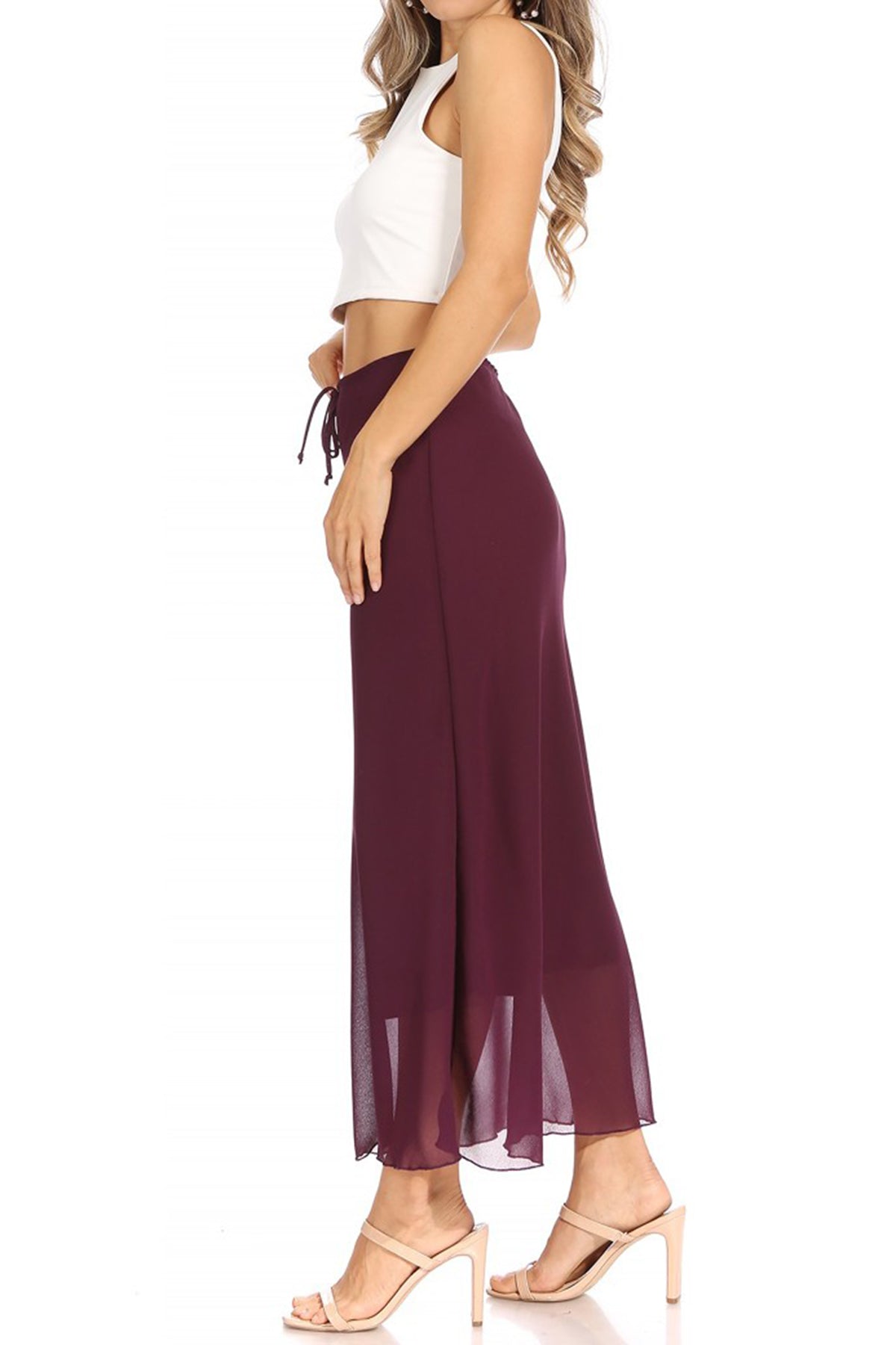 Women's High Rise Chiffon Overlay Maxi Draped Skirt with Waist Tie Accent.