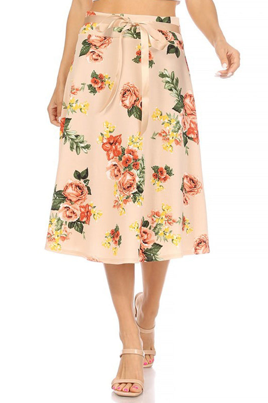 Women's Casual Floral A-line Printed High Waist Bow Tie Belted Knee Length Midi Skirt