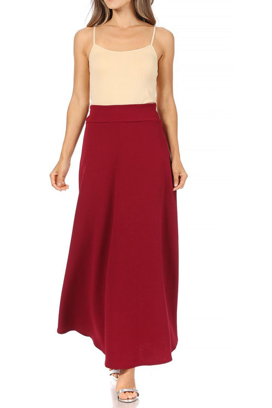 Women's Casual Solid Flare A-line Long Skirt with Elastic Waistband