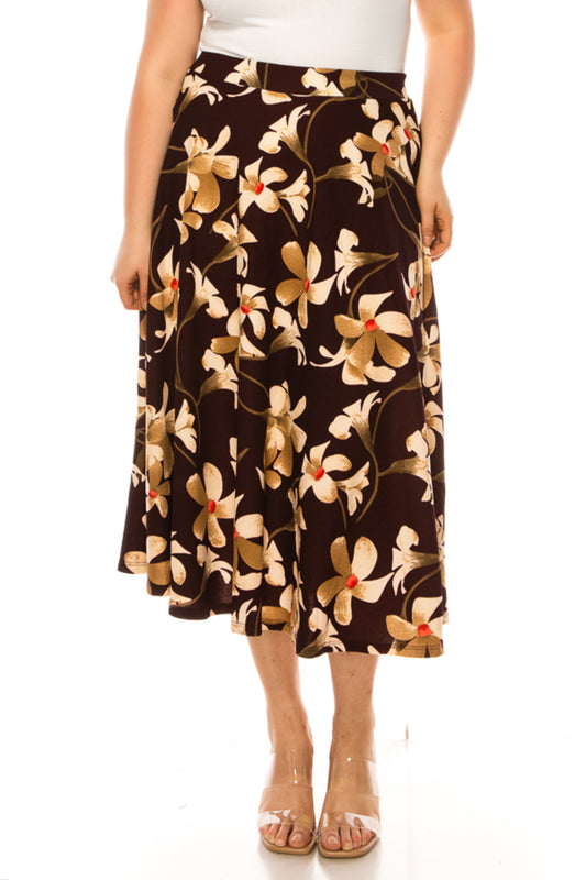 Women's Plus size A-line midi skirt with flowers and elastic waistband