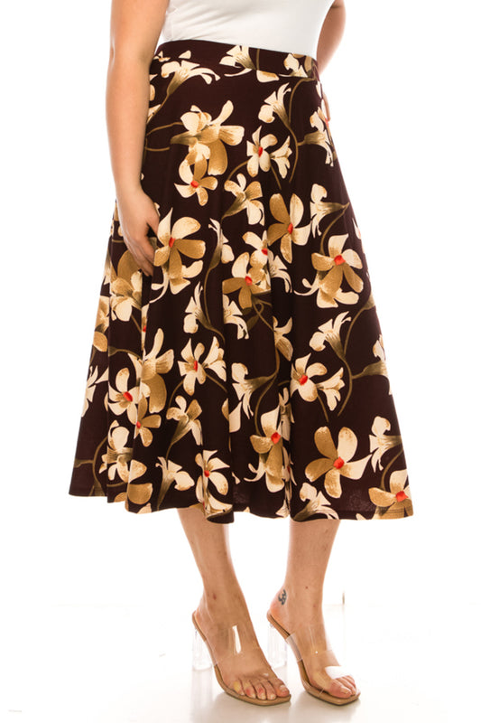 Women's Plus size A-line midi skirt with flowers and elastic waistband