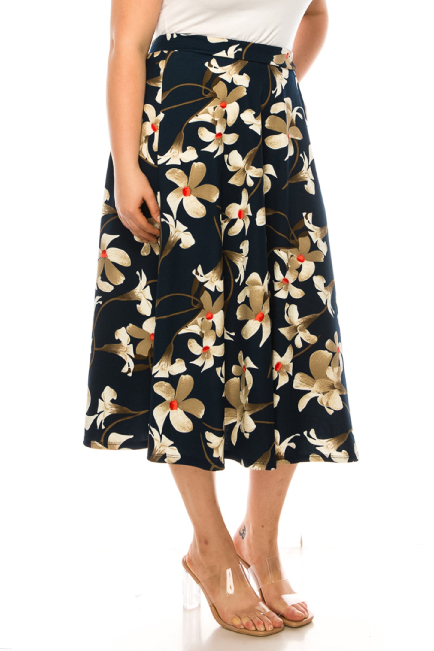 Women's Plus size A-line midi skirt with flowers and elastic waistband