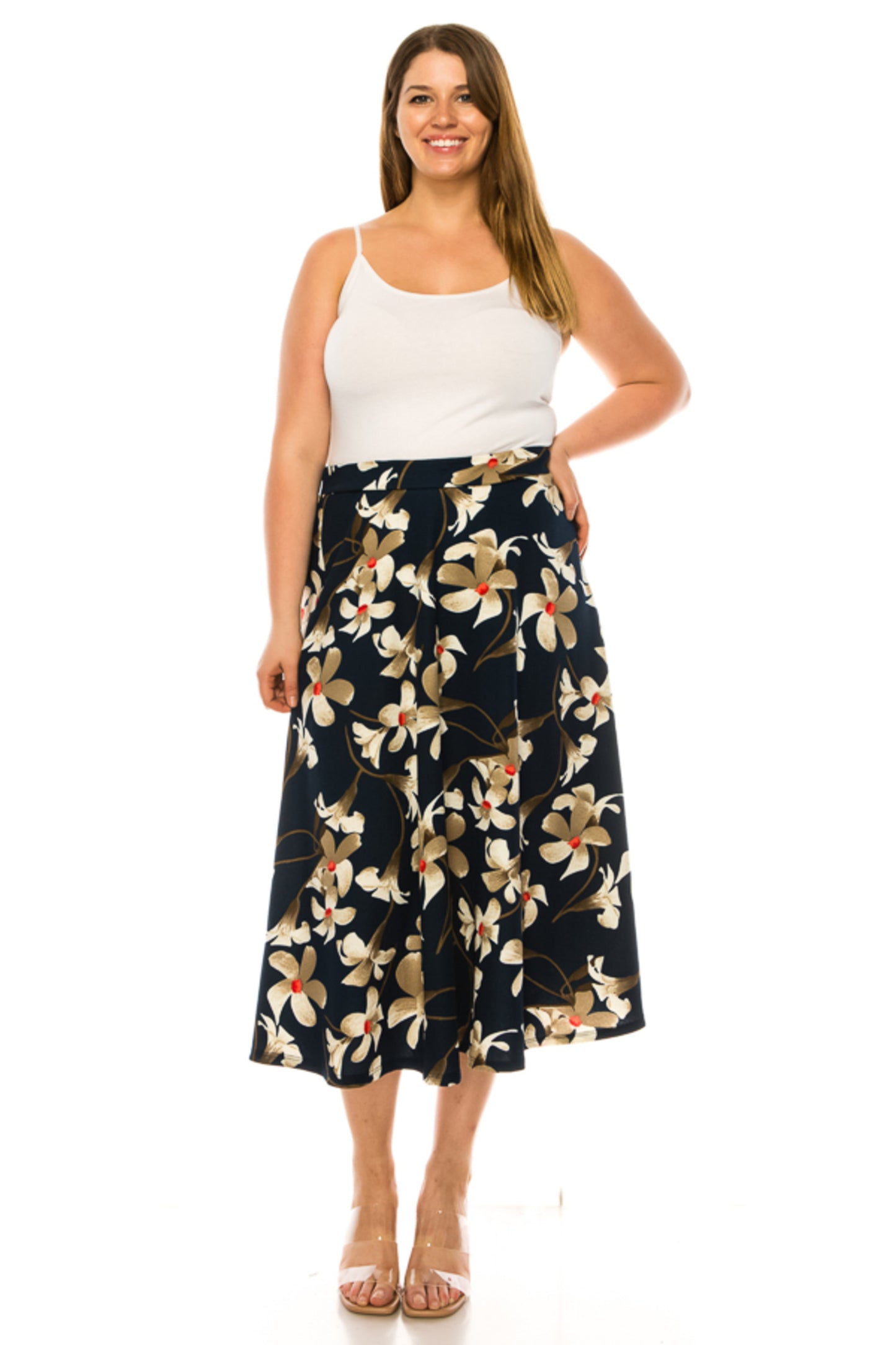 Women's Plus size A-line midi skirt with flowers and elastic waistband