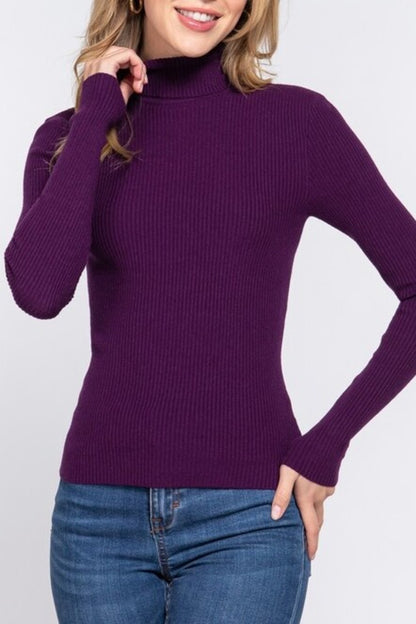 Women's Long Sleeve Turtleneck Ribbed Knit Pullover Sweater Top