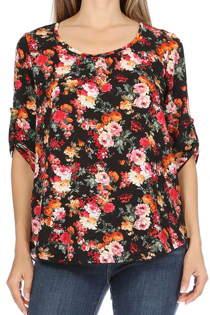 Women's Elegant Floral Print Tunic Casual Round Neck Roll Tab Sleeve Blouse Top