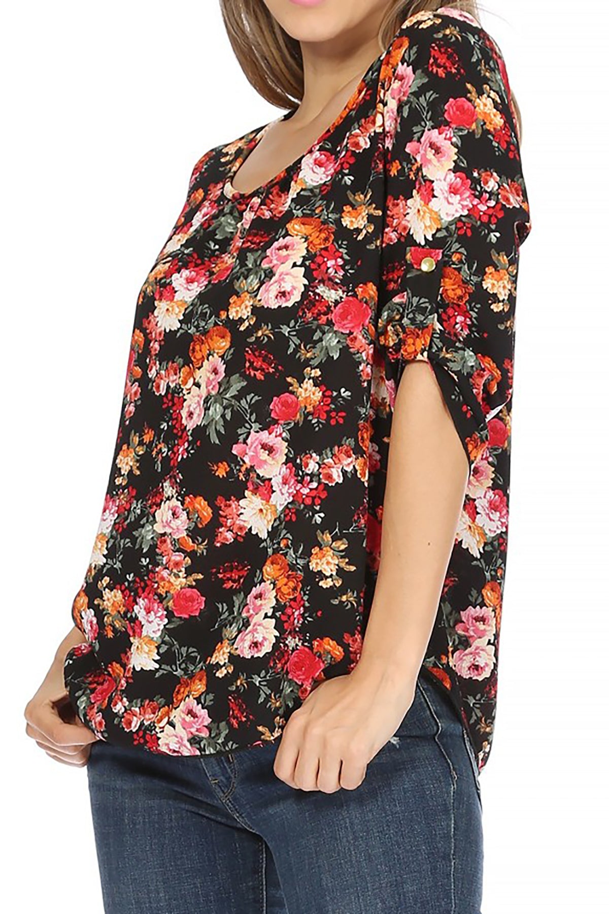 Women's Elegant Floral Print Tunic Casual Round Neck Roll Tab Sleeve Blouse Top