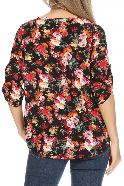 Women's Elegant Floral Print Tunic Casual Round Neck Roll Tab Sleeve Blouse Top