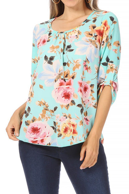 Women's Elegant Floral Print Tunic Casual Round Neck Roll Tab Sleeve Blouse Top