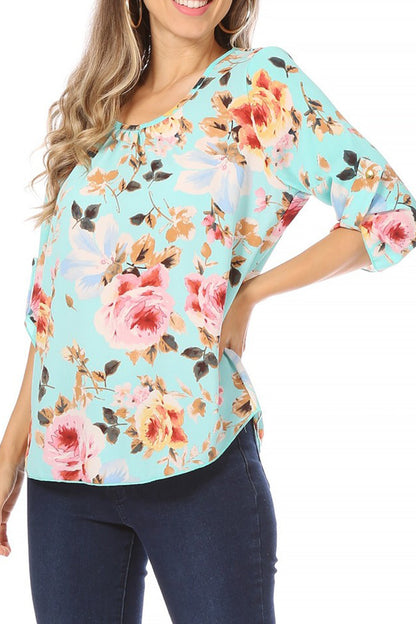 Women's Elegant Floral Print Tunic Casual Round Neck Roll Tab Sleeve Blouse Top