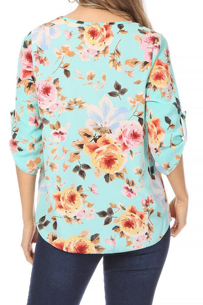 Women's Elegant Floral Print Tunic Casual Round Neck Roll Tab Sleeve Blouse Top