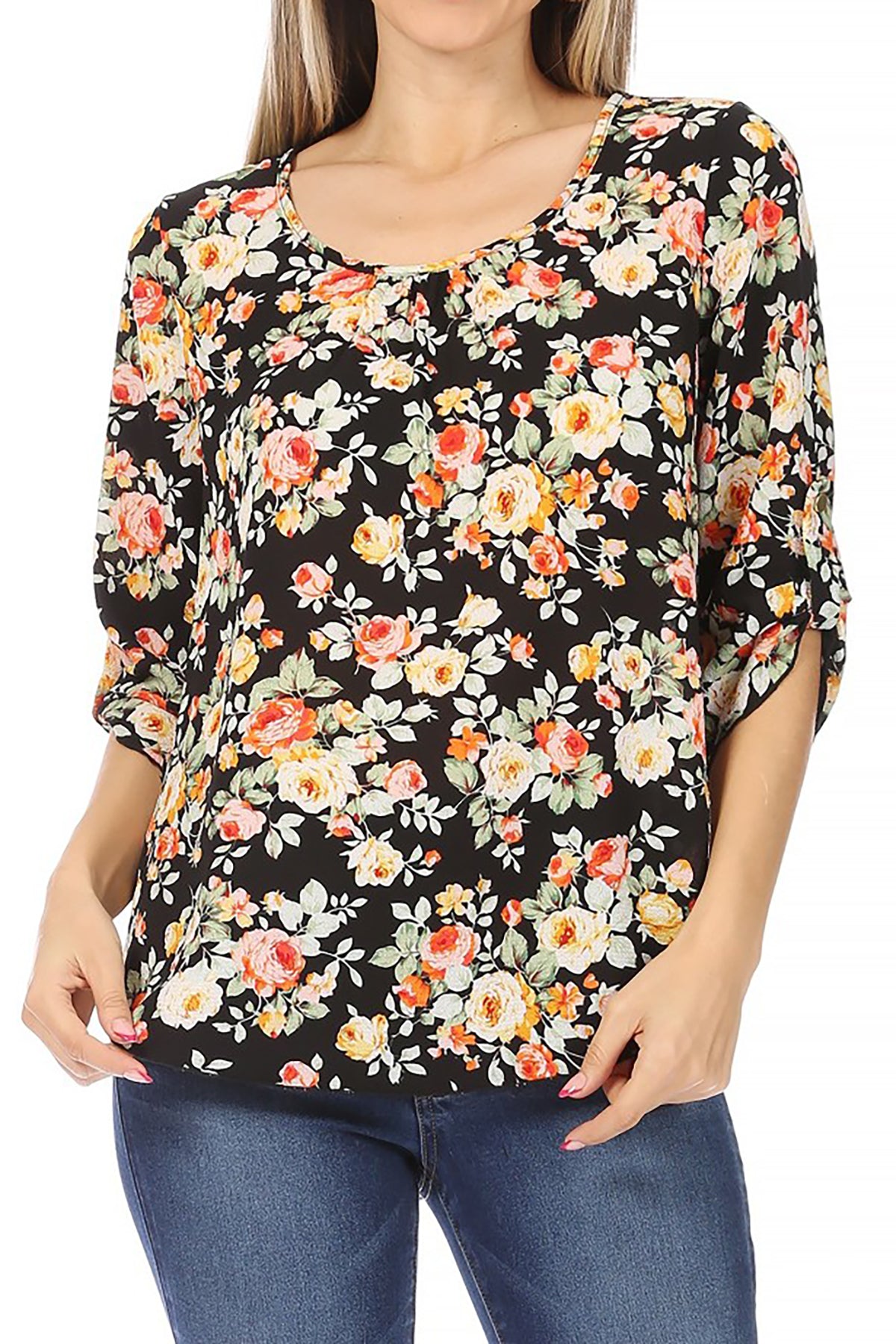 Women's Elegant Floral Print Tunic Casual Round Neck Roll Tab Sleeve Blouse Top