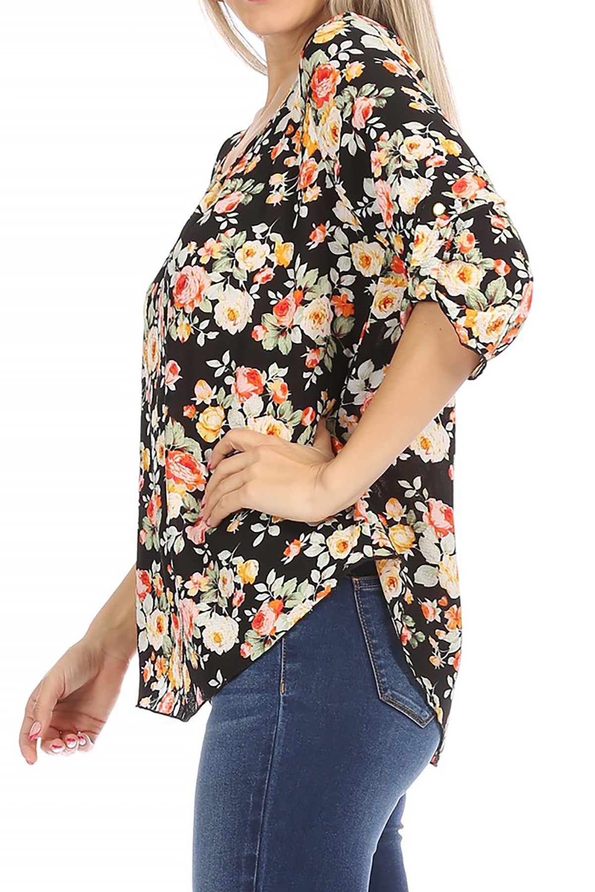 Women's Elegant Floral Print Tunic Casual Round Neck Roll Tab Sleeve Blouse Top