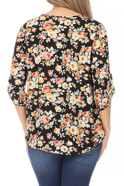 Women's Elegant Floral Print Tunic Casual Round Neck Roll Tab Sleeve Blouse Top