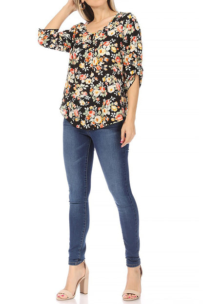 Women's Elegant Floral Print Tunic Casual Round Neck Roll Tab Sleeve Blouse Top