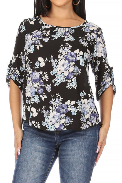 Women's Elegant Floral Print Tunic Casual Round Neck Roll Tab Sleeve Blouse Top