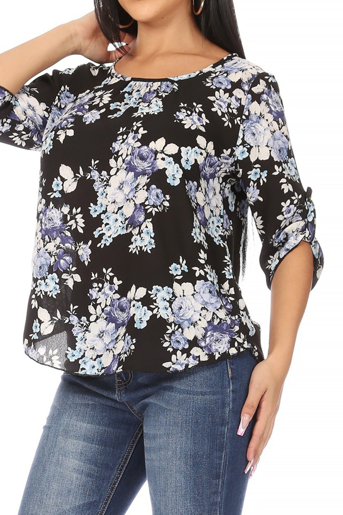 Women's Elegant Floral Print Tunic Casual Round Neck Roll Tab Sleeve Blouse Top