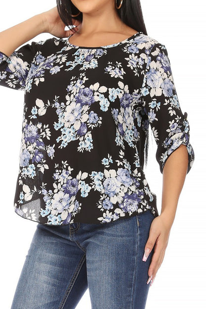 Women's Elegant Floral Print Tunic Casual Round Neck Roll Tab Sleeve Blouse Top