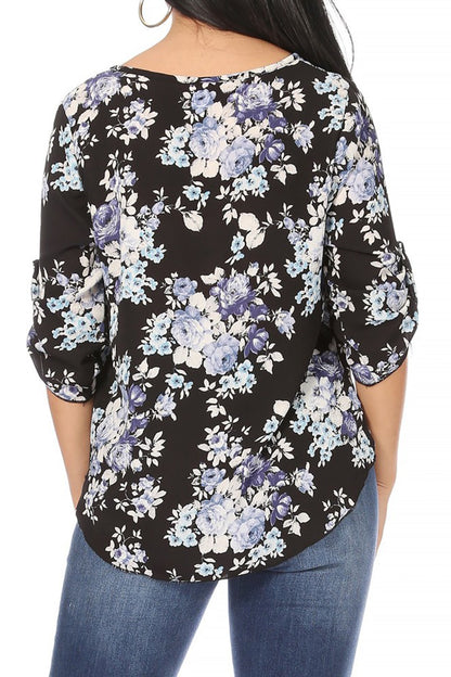 Women's Elegant Floral Print Tunic Casual Round Neck Roll Tab Sleeve Blouse Top