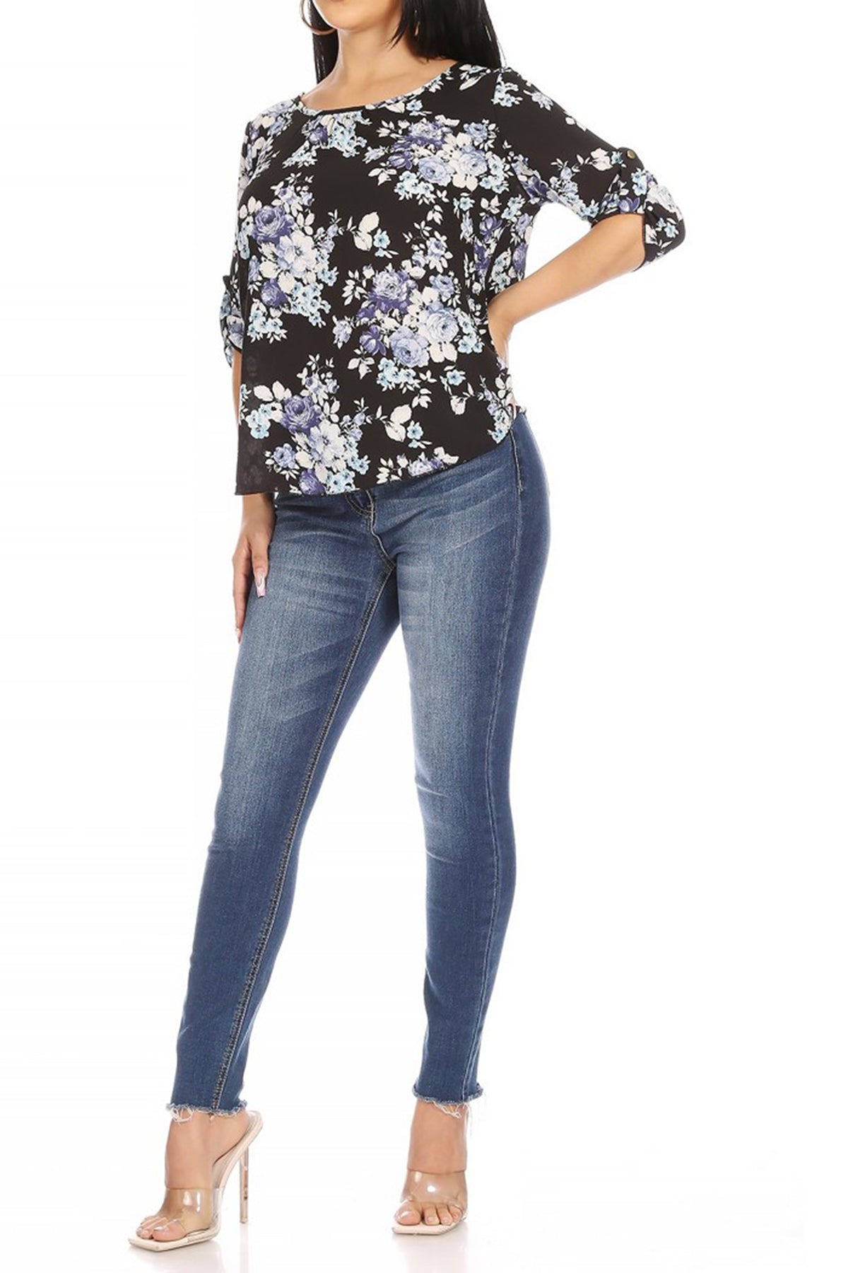 Women's Elegant Floral Print Tunic Casual Round Neck Roll Tab Sleeve Blouse Top