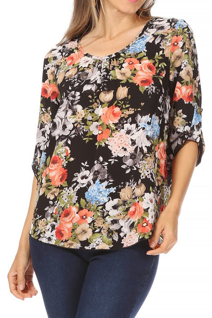 Women's Elegant Floral Print Tunic Casual Round Neck Roll Tab Sleeve Blouse Top