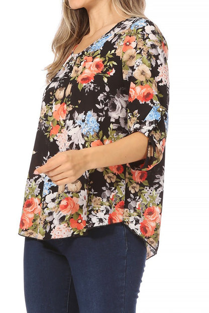 Women's Elegant Floral Print Tunic Casual Round Neck Roll Tab Sleeve Blouse Top