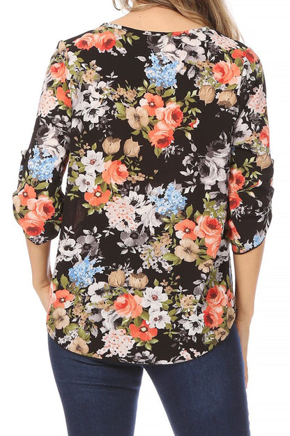 Women's Elegant Floral Print Tunic Casual Round Neck Roll Tab Sleeve Blouse Top