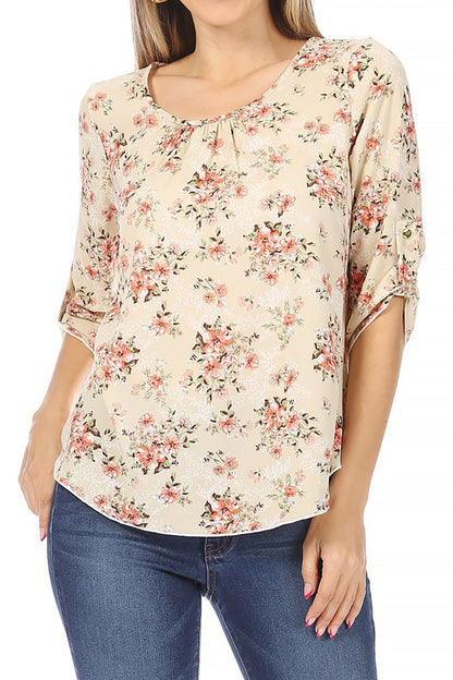 Women's Elegant Floral Print Tunic Casual Round Neck Roll Tab Sleeve Blouse Top