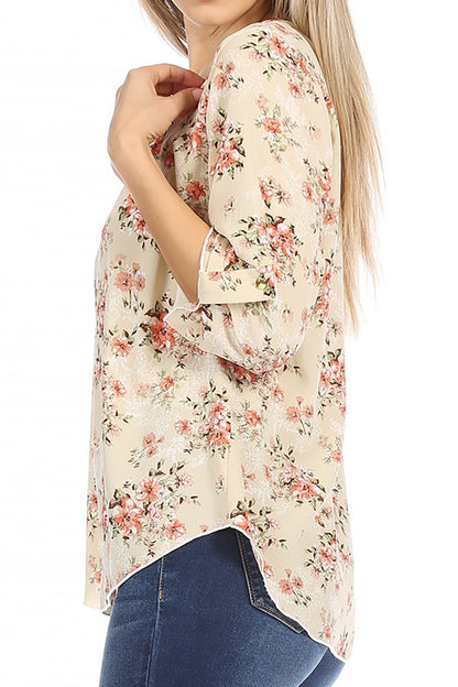 Women's Elegant Floral Print Tunic Casual Round Neck Roll Tab Sleeve Blouse Top