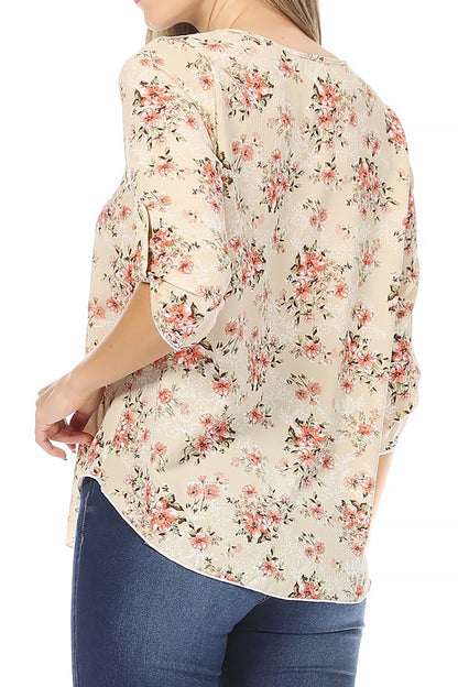 Women's Elegant Floral Print Tunic Casual Round Neck Roll Tab Sleeve Blouse Top