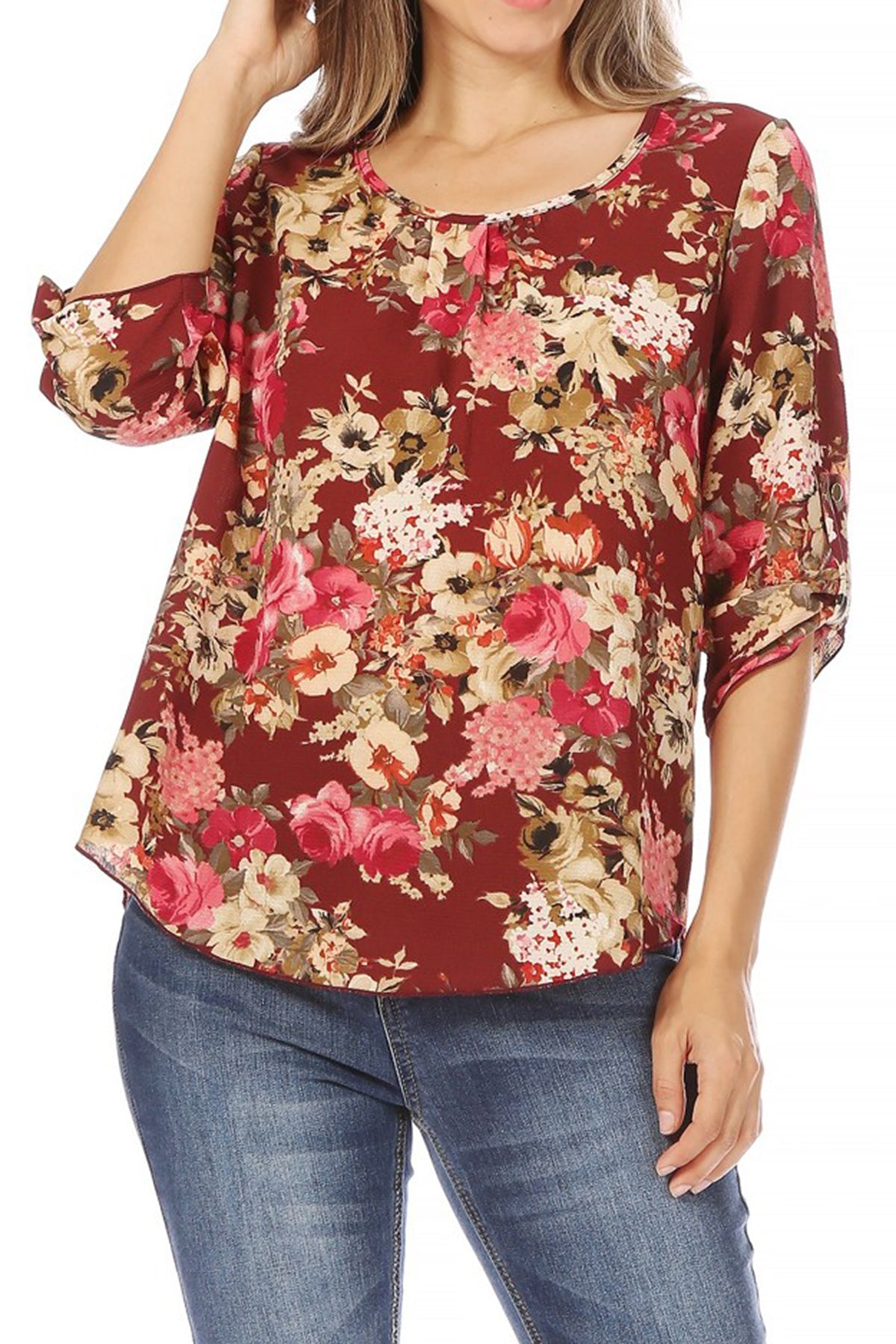 Women's Elegant Floral Print Tunic Casual Round Neck Roll Tab Sleeve Blouse Top