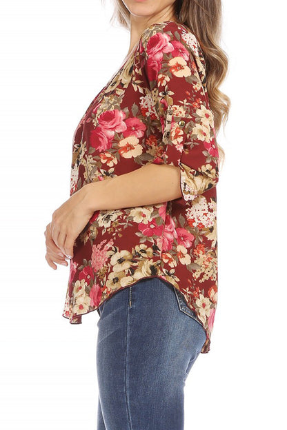 Women's Elegant Floral Print Tunic Casual Round Neck Roll Tab Sleeve Blouse Top