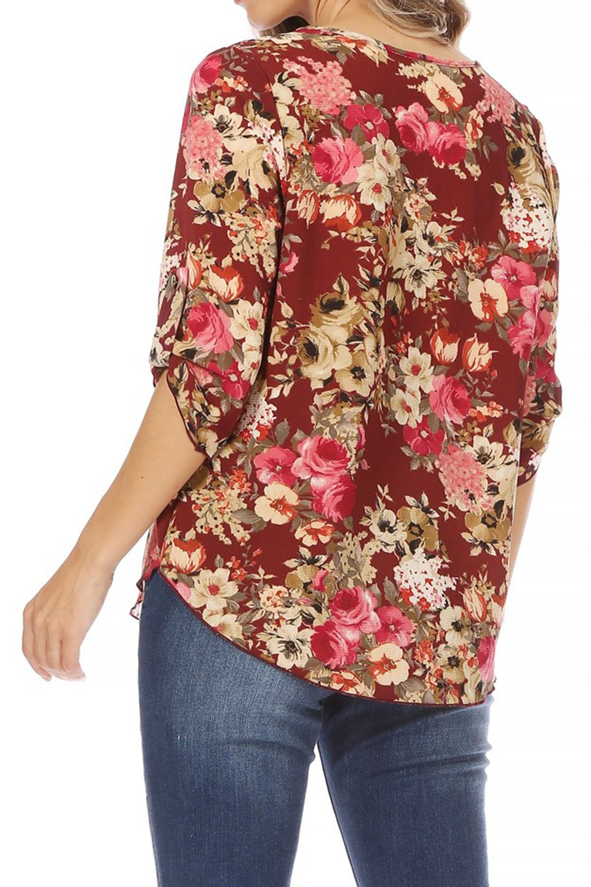 Women's Elegant Floral Print Tunic Casual Round Neck Roll Tab Sleeve Blouse Top