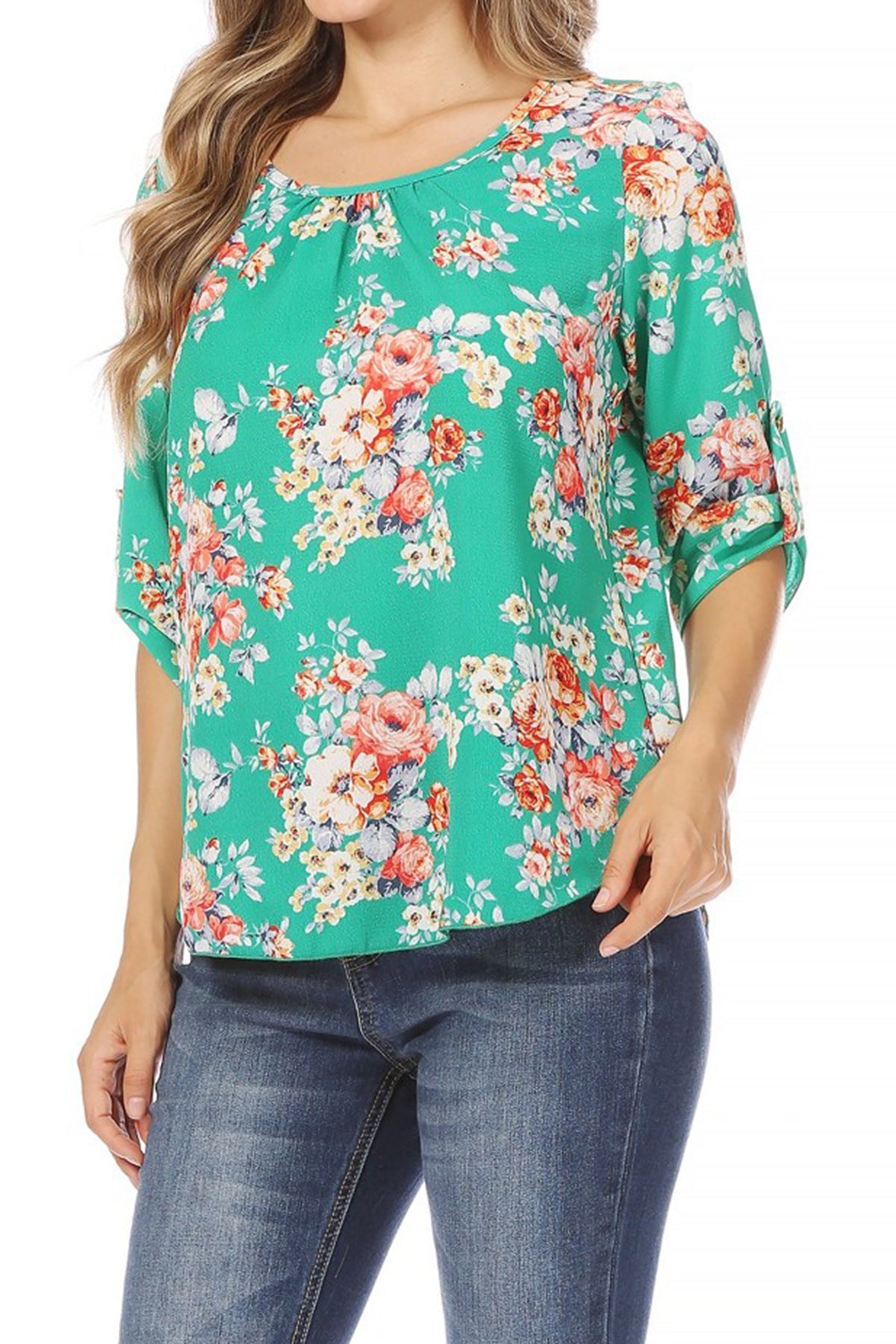 Women's Elegant Floral Print Tunic Casual Round Neck Roll Tab Sleeve Blouse Top