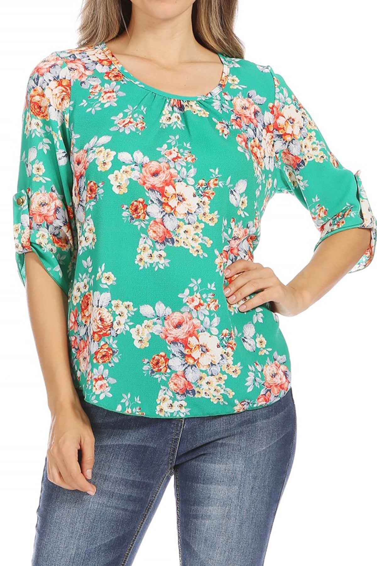 Women's Elegant Floral Print Tunic Casual Round Neck Roll Tab Sleeve Blouse Top