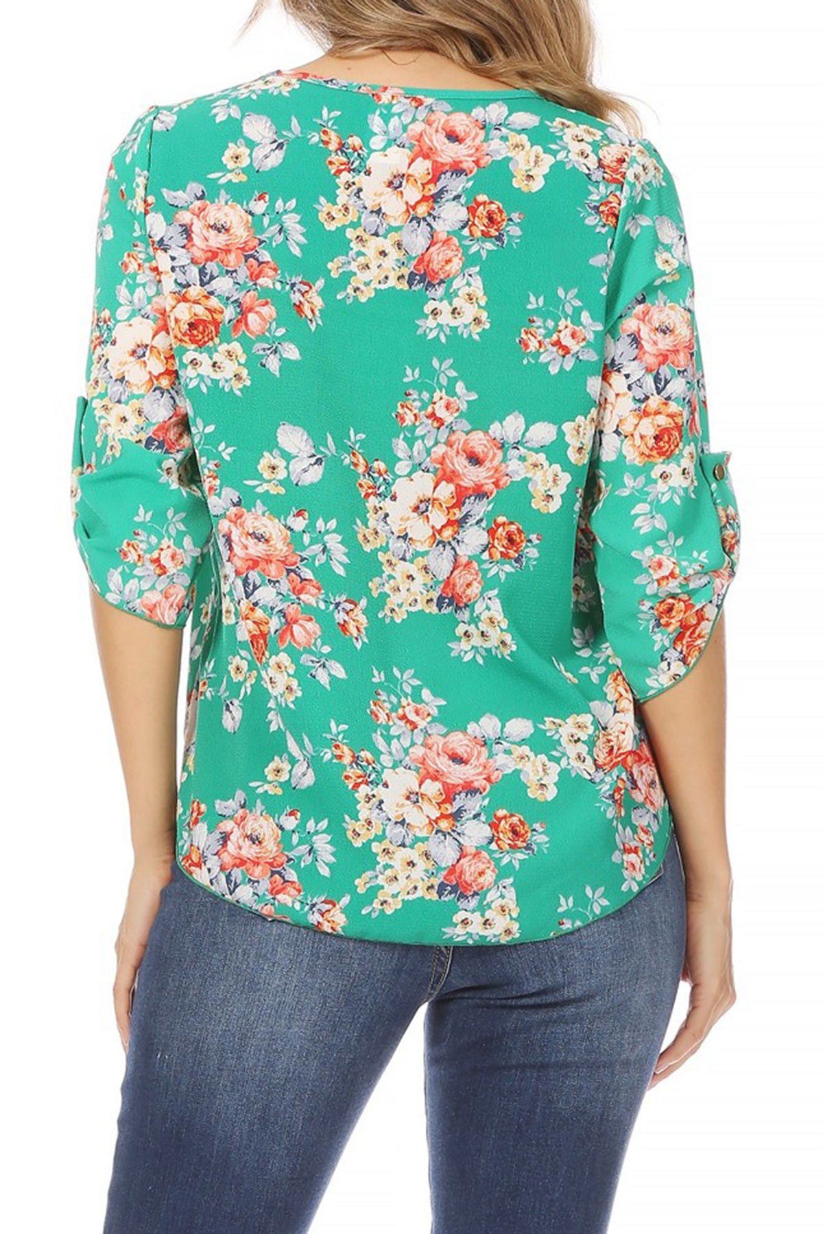 Women's Elegant Floral Print Tunic Casual Round Neck Roll Tab Sleeve Blouse Top