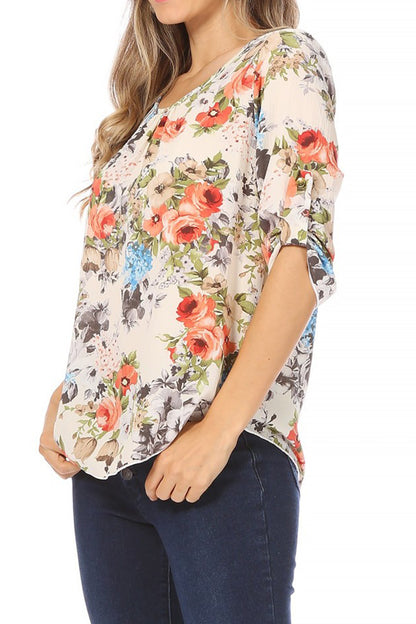 Women's Elegant Floral Print Tunic Casual Round Neck Roll Tab Sleeve Blouse Top