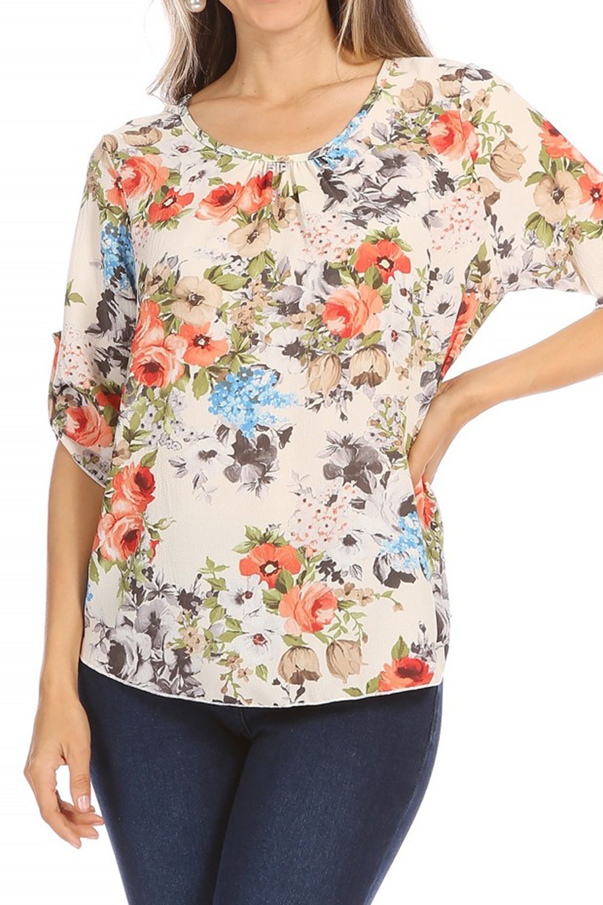 Women's Elegant Floral Print Tunic Casual Round Neck Roll Tab Sleeve Blouse Top