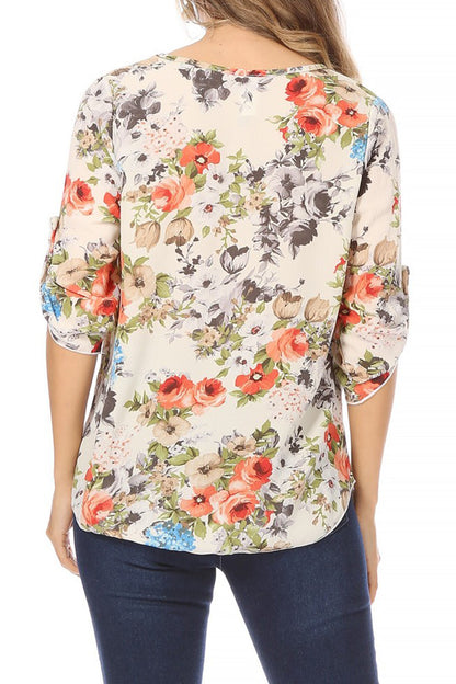 Women's Elegant Floral Print Tunic Casual Round Neck Roll Tab Sleeve Blouse Top