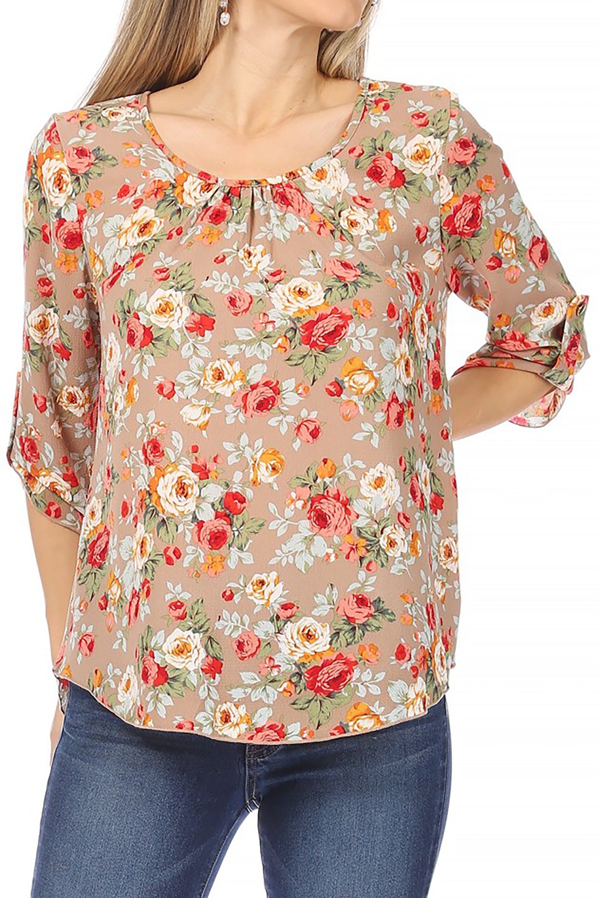 Women's Elegant Floral Print Tunic Casual Round Neck Roll Tab Sleeve Blouse Top