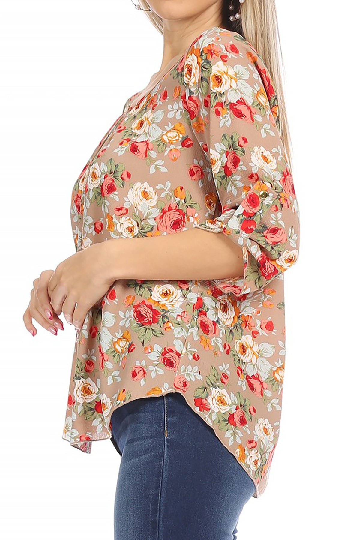 Women's Elegant Floral Print Tunic Casual Round Neck Roll Tab Sleeve Blouse Top