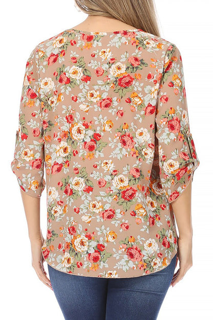 Women's Elegant Floral Print Tunic Casual Round Neck Roll Tab Sleeve Blouse Top