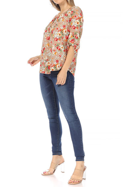 Women's Elegant Floral Print Tunic Casual Round Neck Roll Tab Sleeve Blouse Top