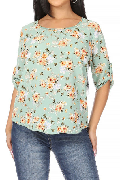 Women's Elegant Floral Print Tunic Casual Round Neck Roll Tab Sleeve Blouse Top