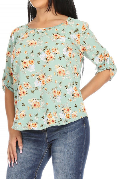 Women's Elegant Floral Print Tunic Casual Round Neck Roll Tab Sleeve Blouse Top