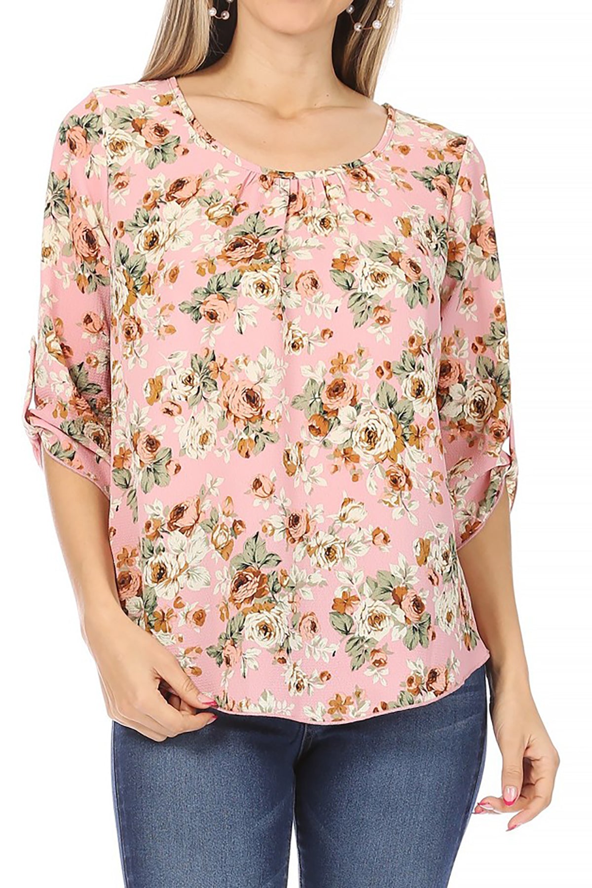 Women's Elegant Floral Print Tunic Casual Round Neck Roll Tab Sleeve Blouse Top