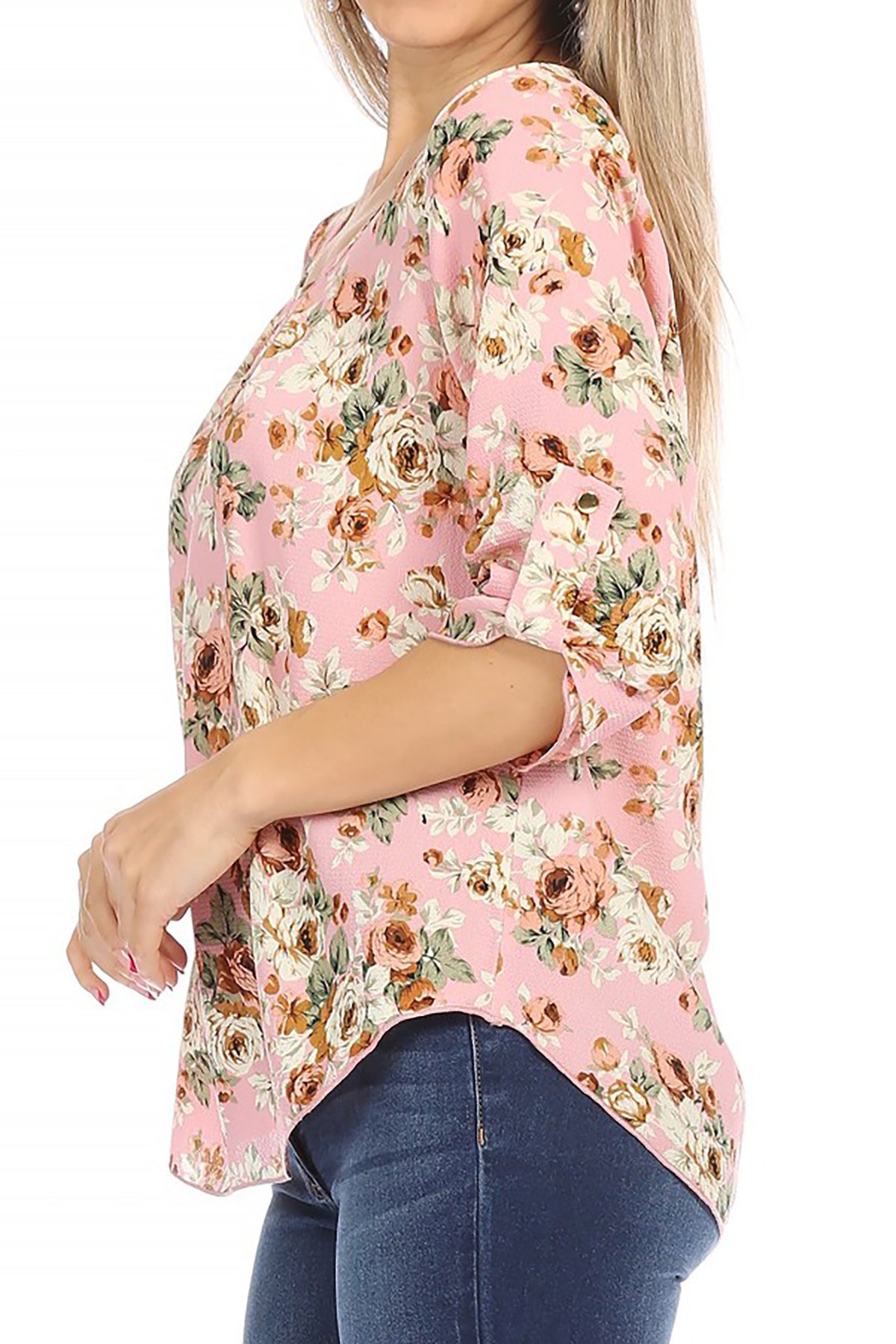 Women's Elegant Floral Print Tunic Casual Round Neck Roll Tab Sleeve Blouse Top