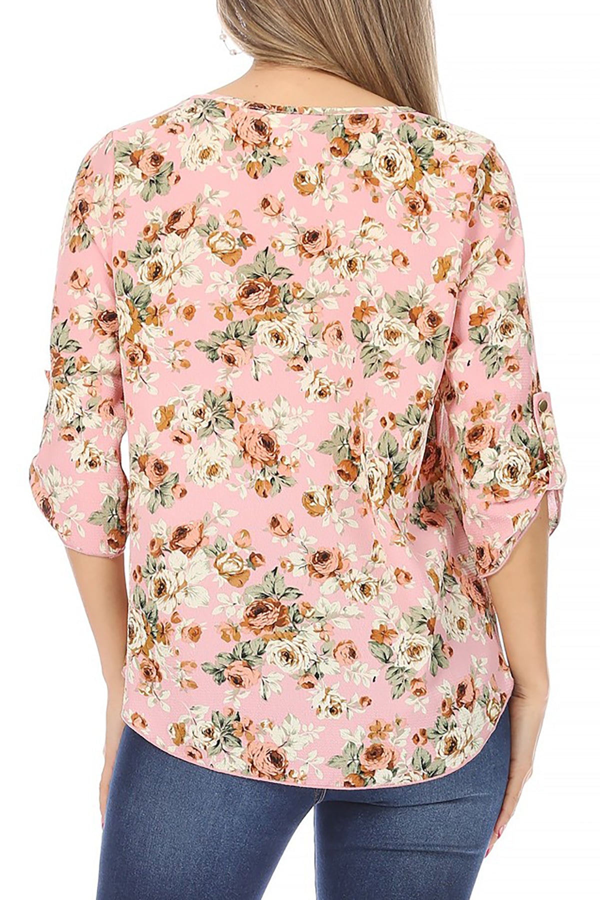 Women's Elegant Floral Print Tunic Casual Round Neck Roll Tab Sleeve Blouse Top