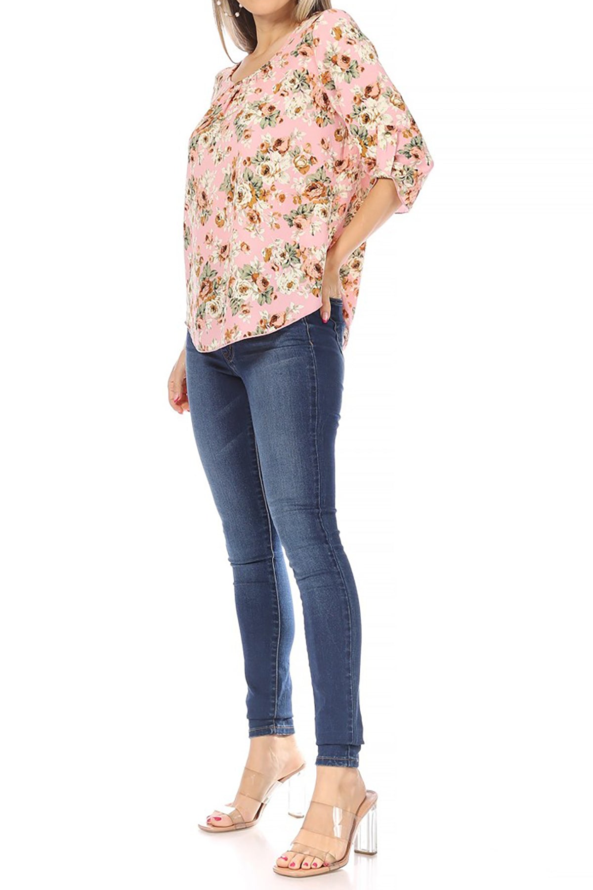 Women's Elegant Floral Print Tunic Casual Round Neck Roll Tab Sleeve Blouse Top