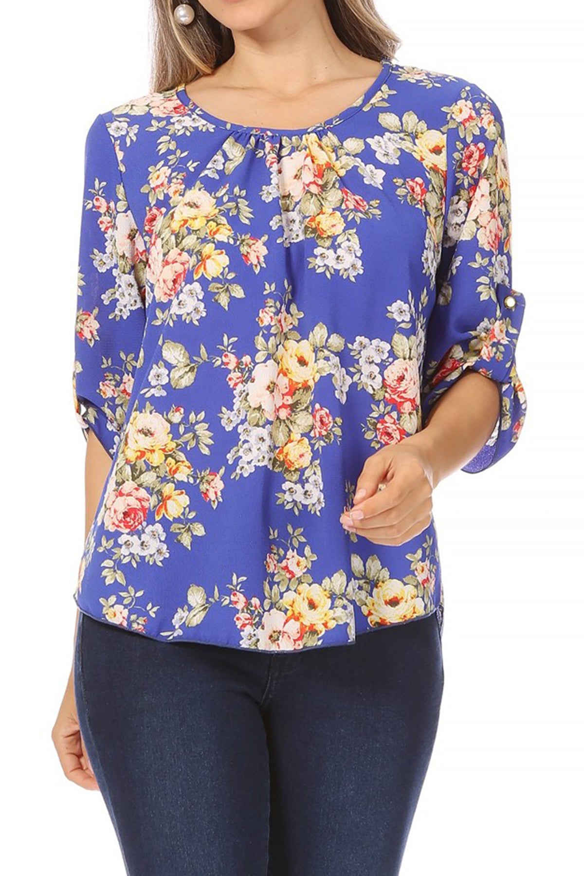 Women's Elegant Floral Print Tunic Casual Round Neck Roll Tab Sleeve Blouse Top